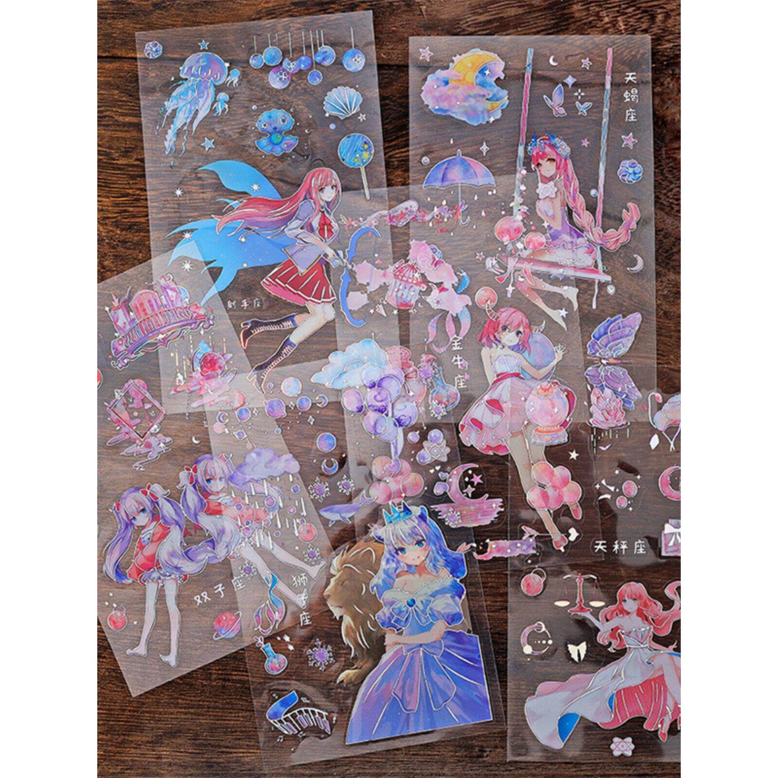 十二星座镭射烫银PET贴纸  梦幻少女插画人物手账装饰透明防水贴