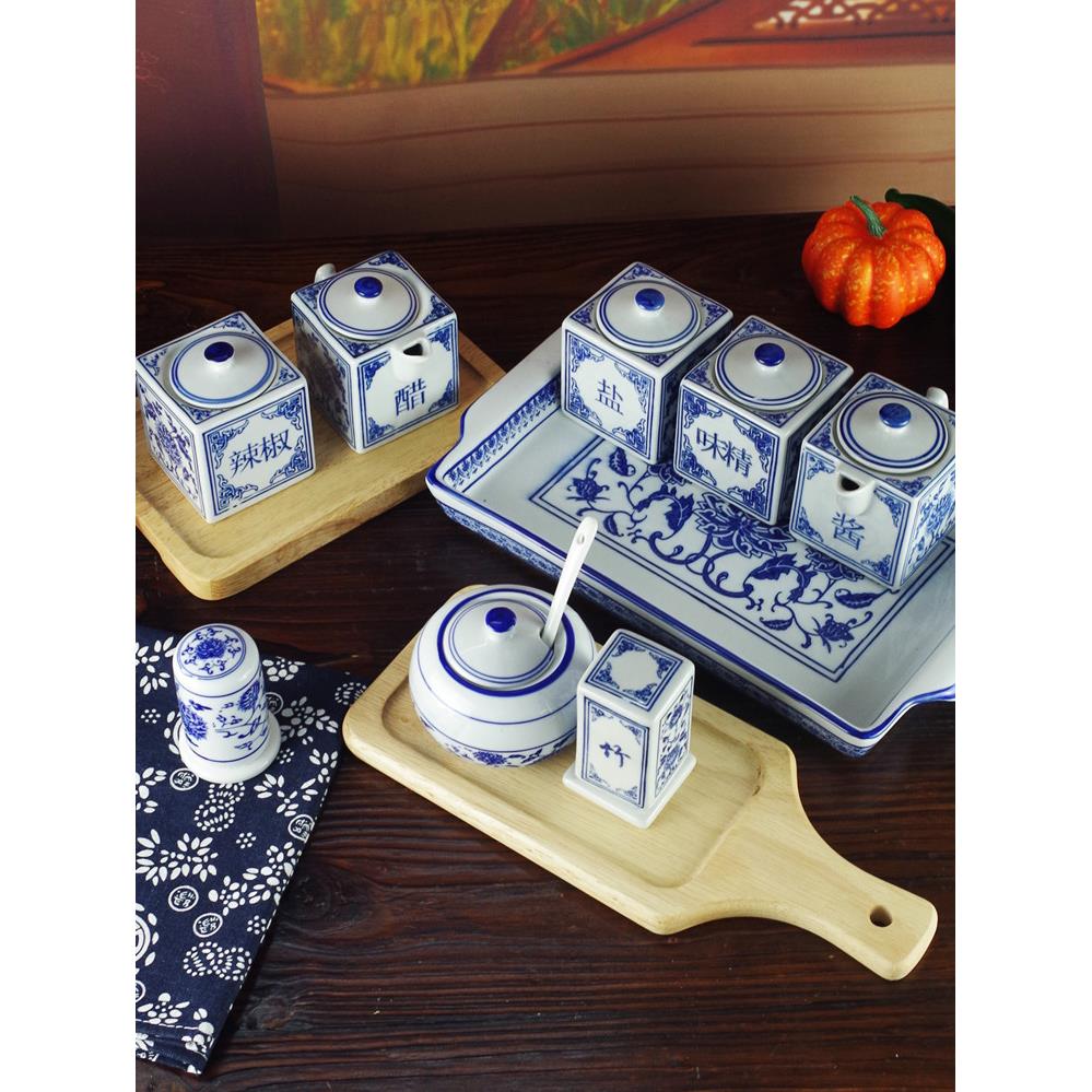 青花瓷复古陶瓷14寸托盘长方盘茶杯托盘酱料托盘餐厅餐桌使用