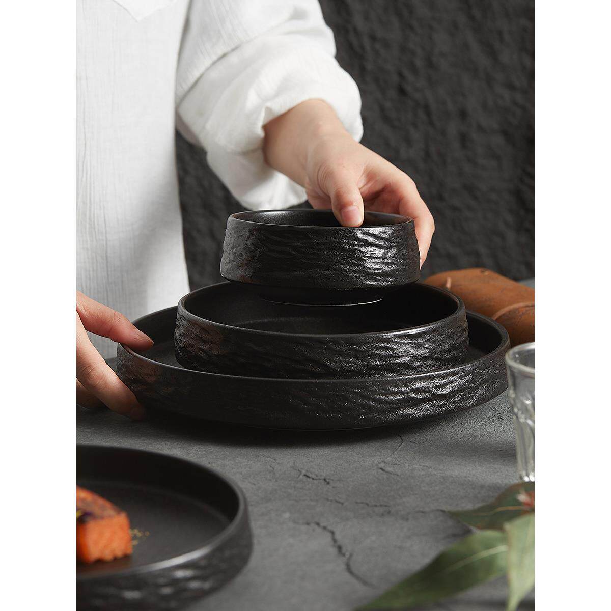 云和堂日式石纹陶瓷盘子高级感西餐餐盘健身减脂餐盘沙拉盘深盘