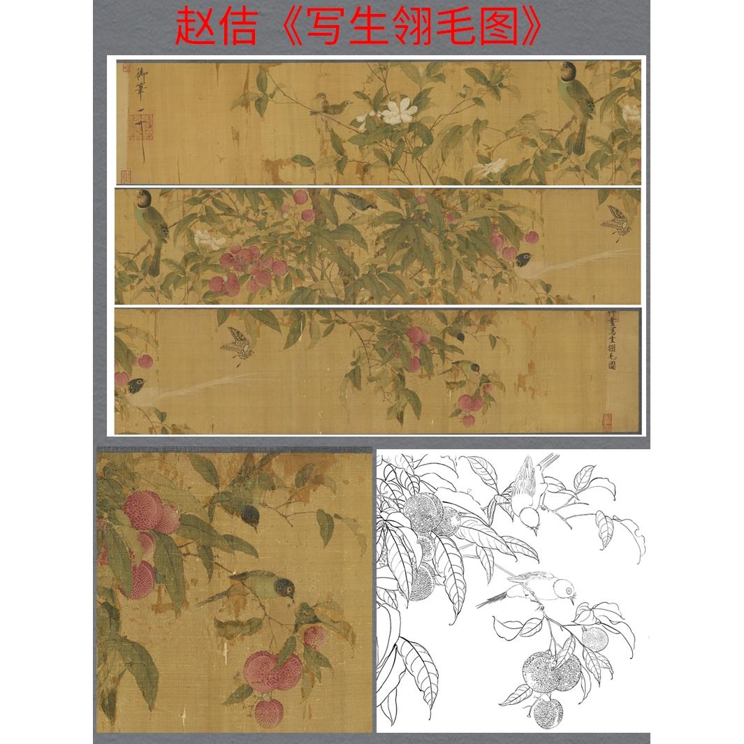 工笔画白描底稿赵佶《写生翎毛图》长卷花鸟高清大图初学者临摹