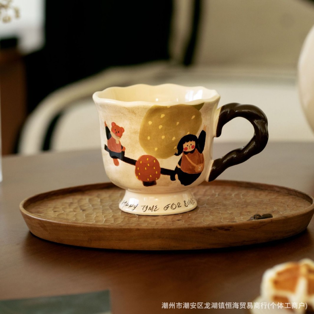 复古艺术感高脚杯家用喝水马克杯女生水杯办公室陶瓷杯牛奶咖啡杯