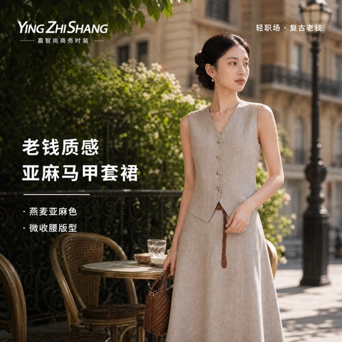 赢智尚亚麻西装马甲两件套装裙