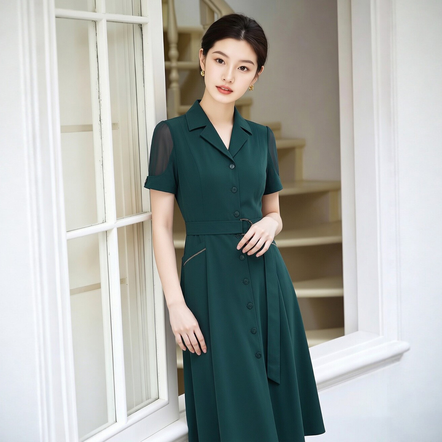赢智尚outlet 高端大牌绿色连衣裙女2025夏季新款通勤收腰衬衫裙