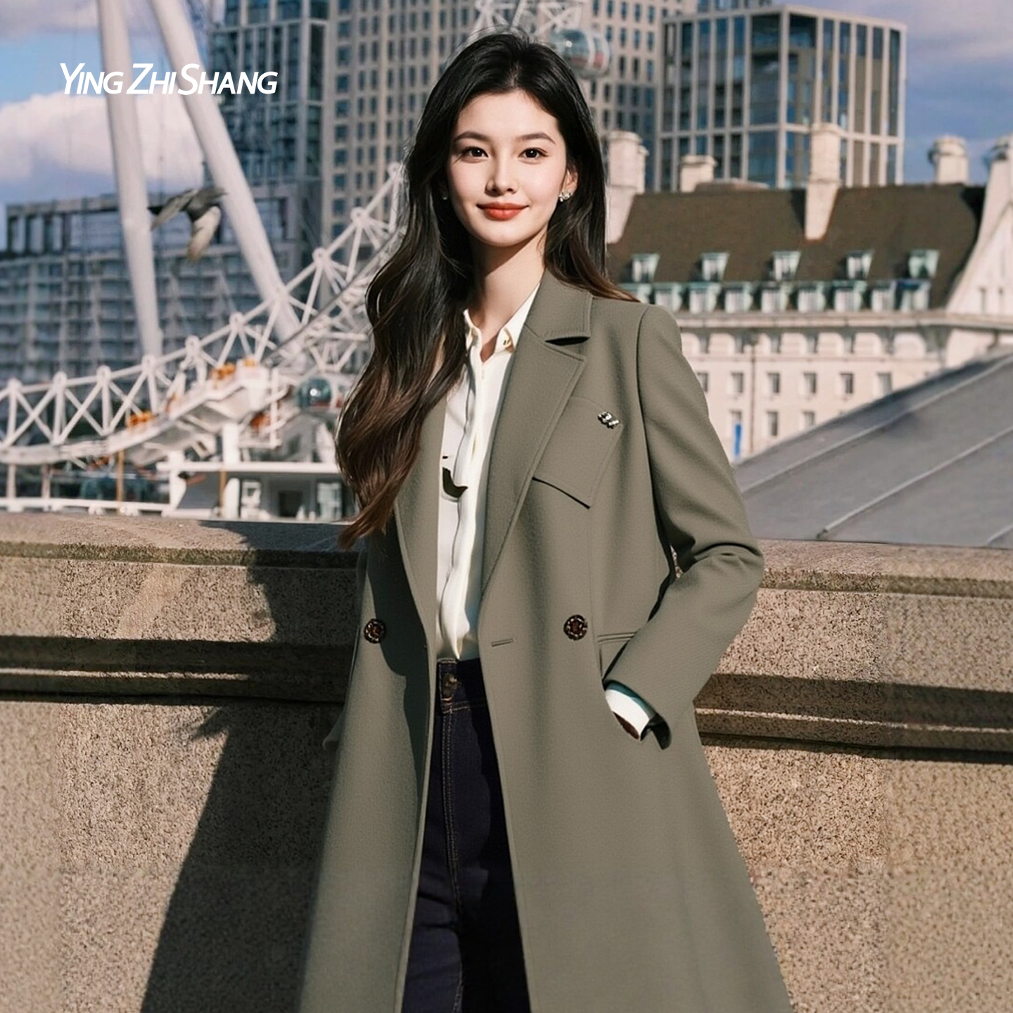 赢智尚中长款绿色风衣女高级感2026春新款超火小个子职场西装外套