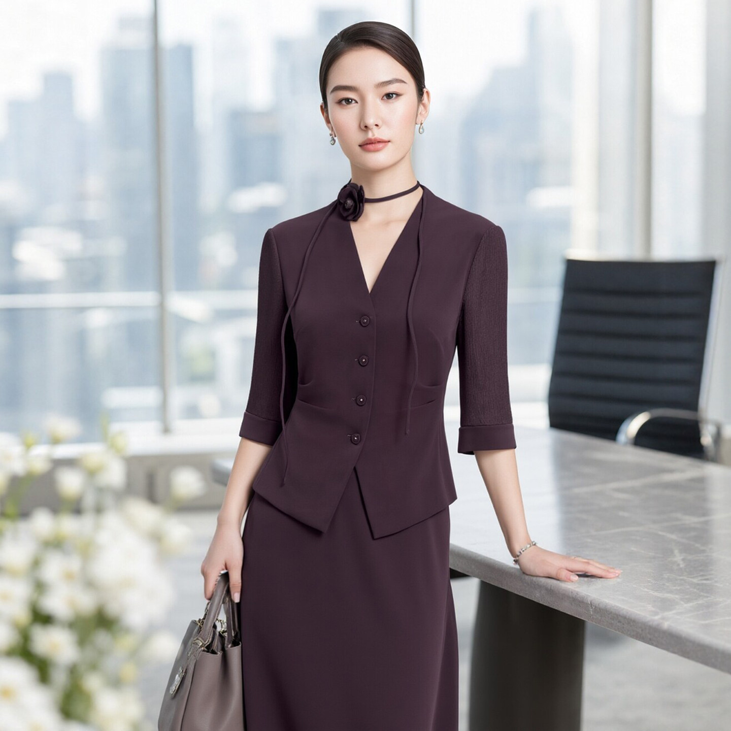 赢智尚乌梅紫色时尚套装五分袖女2026夏季薄款高端精致两件套西装