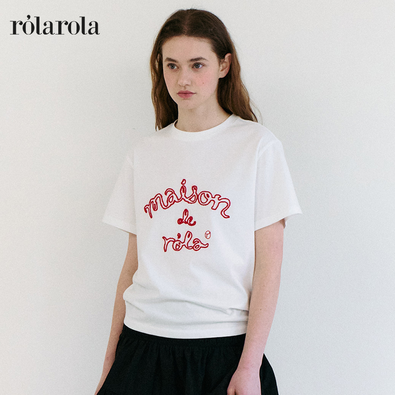 ROLAROLA25年夏新款短袖刺绣撞色修身设计感百搭圆领T恤女上衣