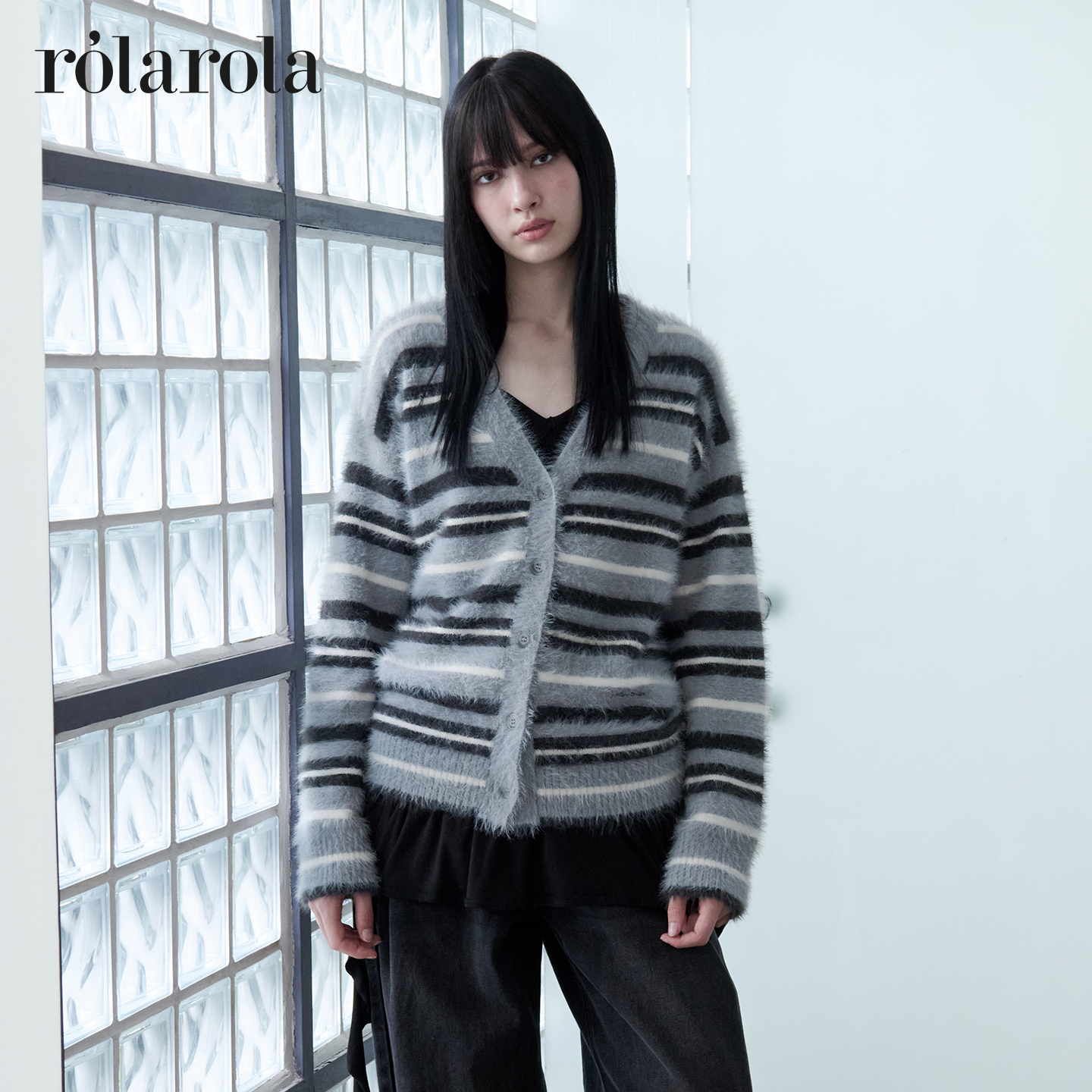 [张元英同款]ROLAROLA25年冬新款条纹针织开衫女宽松柔软毛衣外套