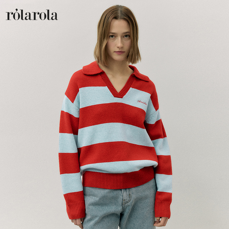 韩国羊毛条纹翻领针织衫毛衣