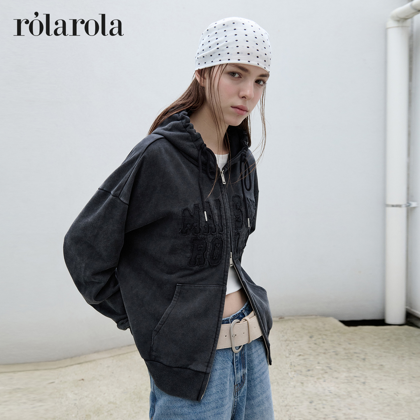 [张元英同款]ROLAROLA2025年秋棉抽绳卫衣外套拉链立领长袖上衣