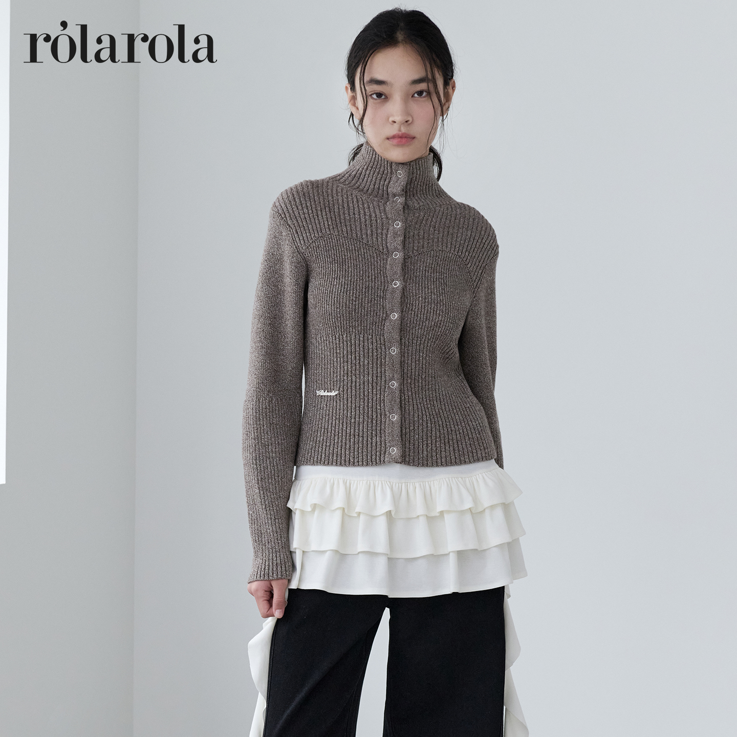 ROLAROLA25年秋季新高领双色针织开衫女修身显瘦毛衣外套罗纹上衣