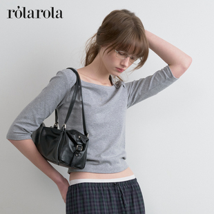 新款 ROLAROLA2026年船领七分袖 百搭春季 T恤女灰色修身 上衣 短款
