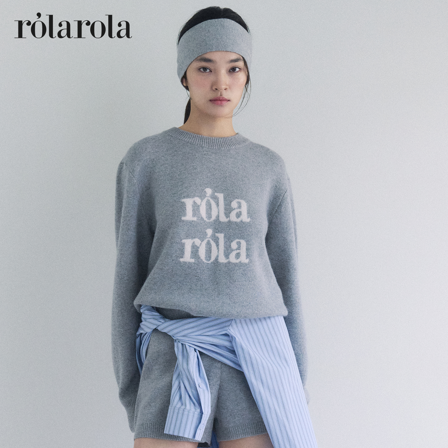ROLAROLA25秋冬新款灰色高级感套头毛衣圆领logo字母长袖针织衫女
