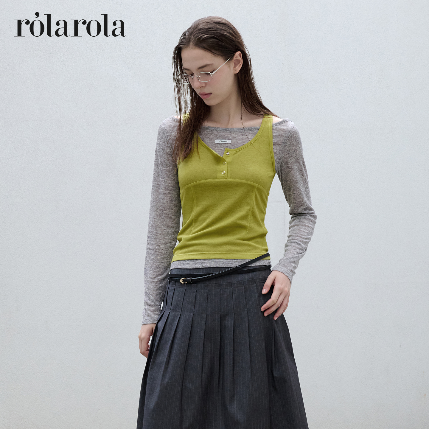 [张元英同款]ROLAROLA25年秋季新款两件套吊带T恤套装女修身长袖