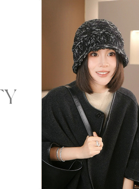 羊毛针织毛线帽女款堆堆保暖显脸小帽子白黑色可爱月子冷帽渔夫帽