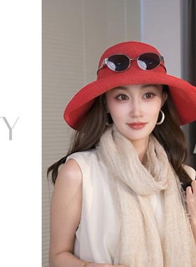 巨好看的红色海边拍照草帽帽子渔夫女遮阳防晒帽子2025新款正流行