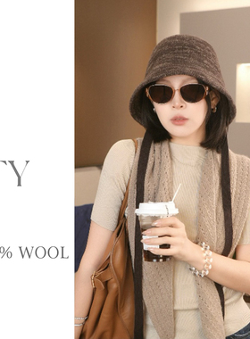 冬季羊毛渔夫帽水桶飘带百搭女显脸小帽子女款2025新款冬羊毛针织