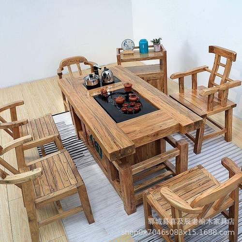 老榆木茶桌实木老榆木桌椅组合全实木茶台家用泡茶功夫茶桌