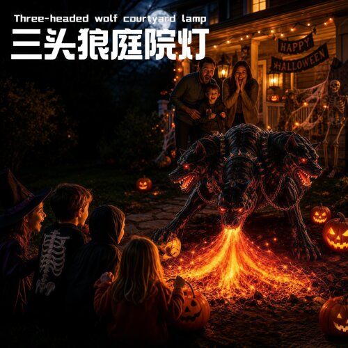 三头狼喷火太阳能庭院万圣节灯