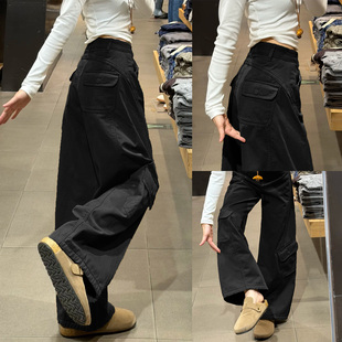 黑色加绒工装裤女秋冬季高腰复古运动弯刀裤小个子宽松休闲阔腿裤
