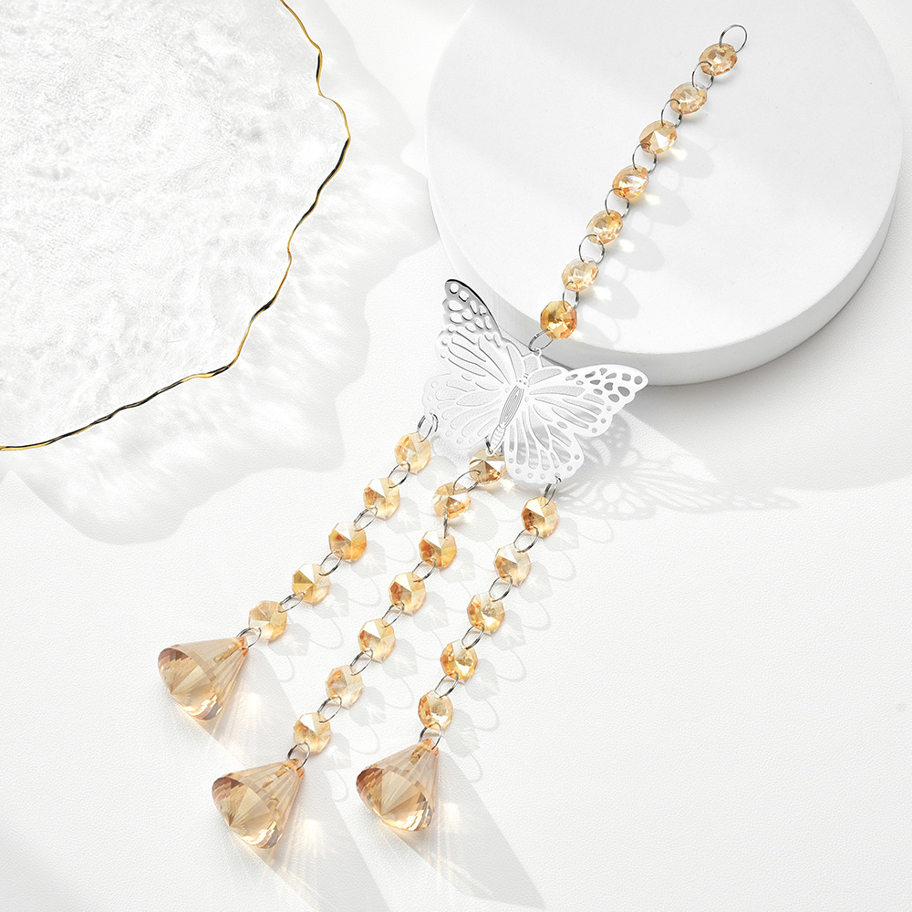 电脑片银色大蝴蝶水晶风铃 锥形香槟色吊坠水晶太阳捕手
