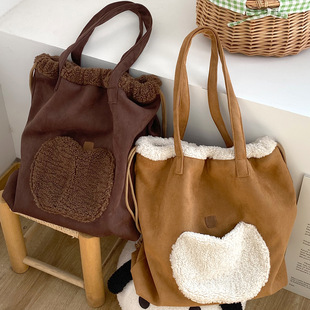 复古麂皮绒可爱刺绣单肩包苹果束口包翻毛托特包毛绒女通勤大容量