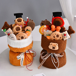 新品卡皮巴拉周边可爱博士帽卡通花束送女友生日创意七夕玩偶花束