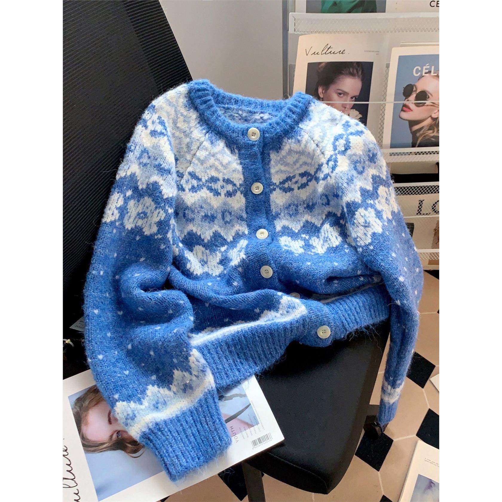 蓝色费尔岛毛衣开衫女秋冬新款法式覆古针织外套加厚慵懒毛衫上衣,个性定制/设计服务/DIY,棉服工装,淘宝优惠券,粉丝福利购,淘宝优惠卷