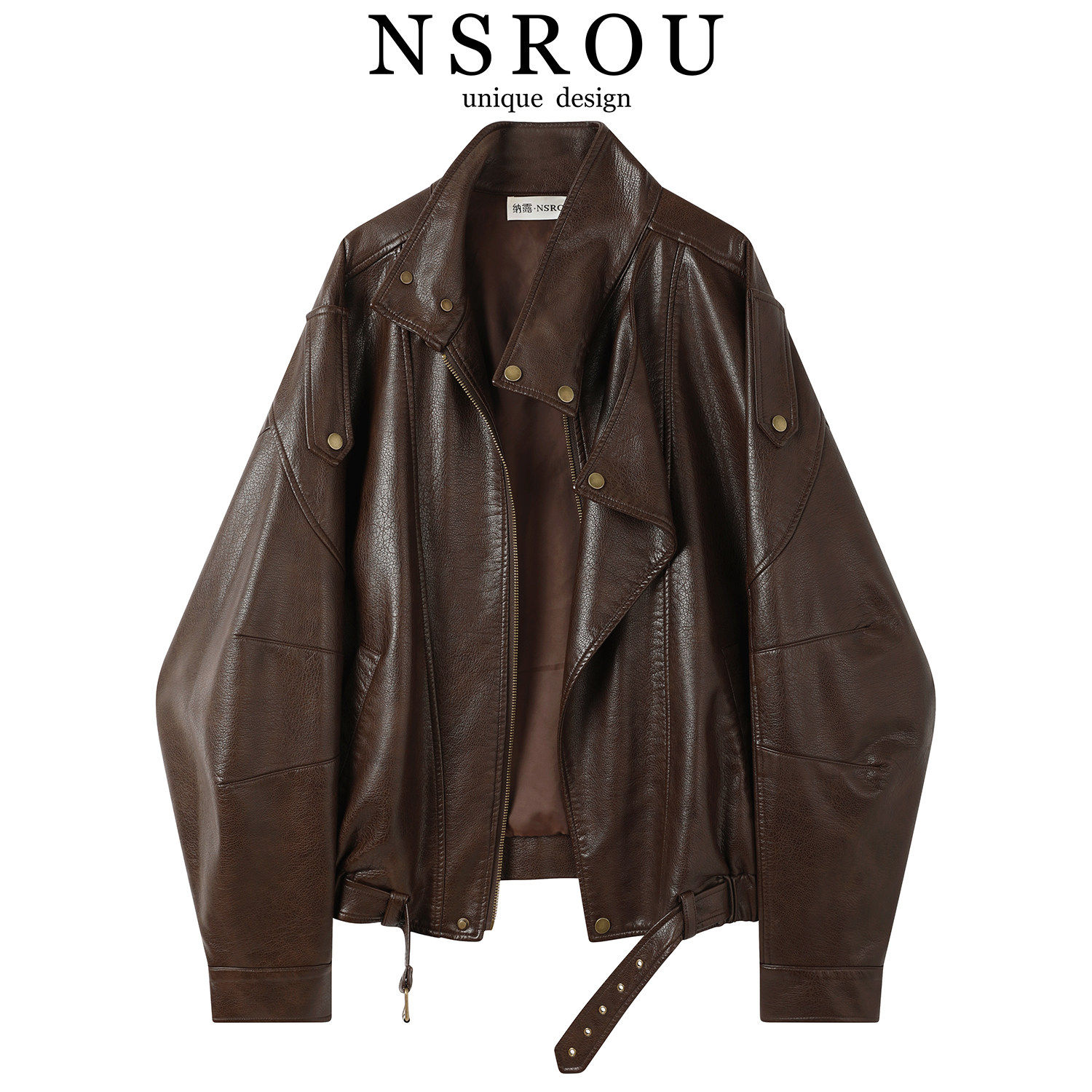 美式老钱风覆古棕色立领皮衣外套女秋季短款宽松百搭飞行机车夹克