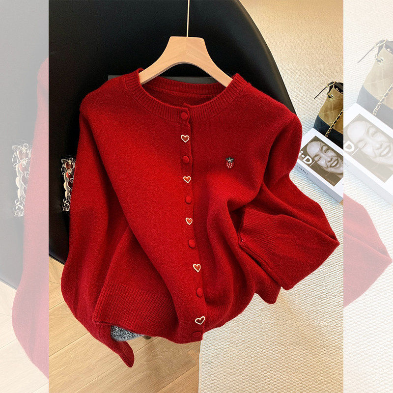 新年圣诞红色纽扣爱心毛衣开衫女秋冬季宽松软糯韩系百搭针织外套,个性定制/设计服务/DIY,棉服工装,淘宝优惠券,粉丝福利购,淘宝优惠卷