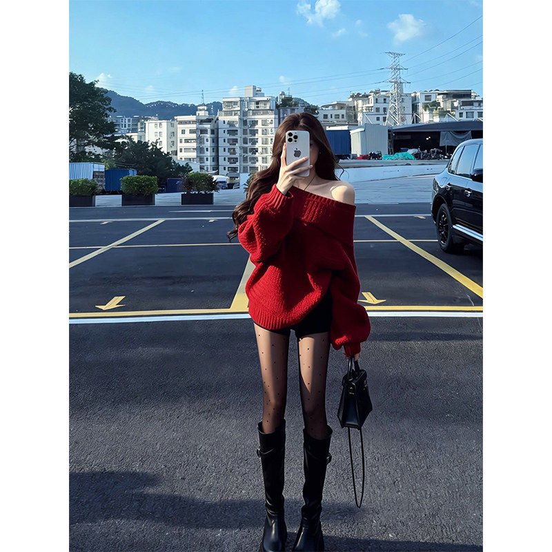 新年跨年氛围感穿搭红色一字肩毛衣女秋冬露肩性感显瘦针织衫上衣,个性定制/设计服务/DIY,棉服工装,淘宝优惠券,粉丝福利购,淘宝优惠卷