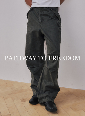 PTOFF 2025军绿复古做旧工装裤褶皱宽松直筒休闲长裤子男款运动裤