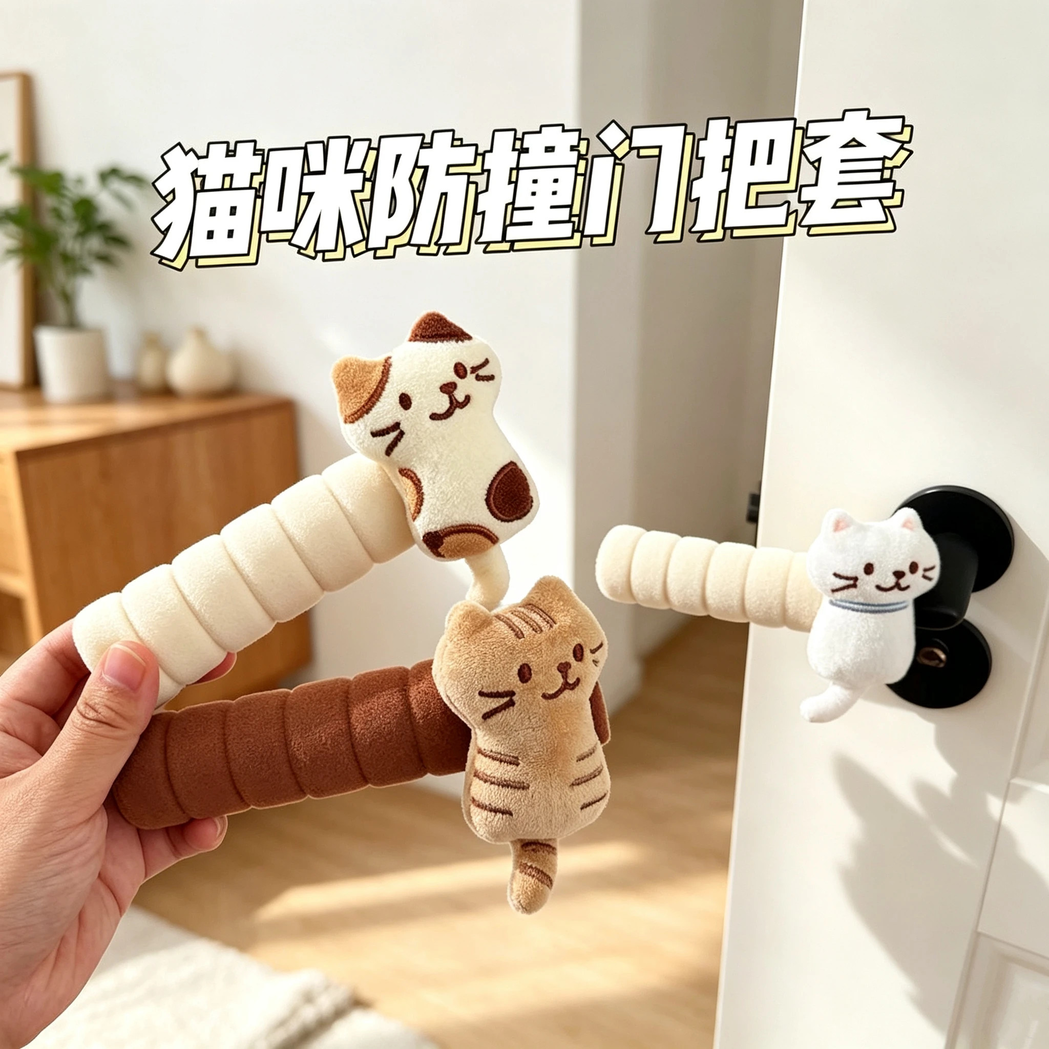 卡通猫咪门把手套静音防撞保暖