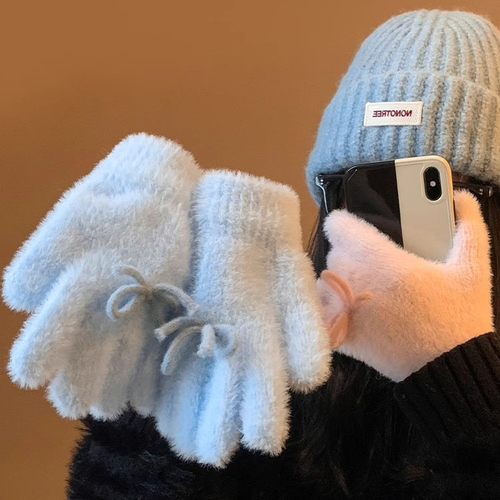 韩系可爱蓝色蝴蝶结针织毛绒手套女冬季加绒保暖防寒分指毛茸茸