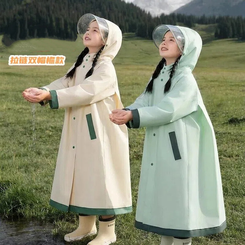学生儿童环保EVA雨衣雨披 双帽檐加大隐藏书包位带拉链