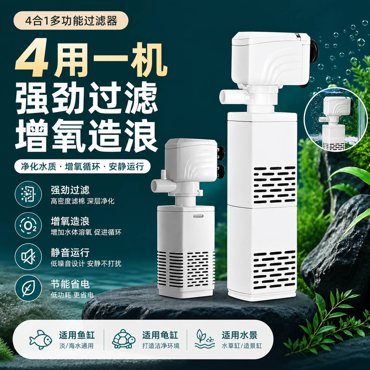 鱼缸过滤制氧一体机四合一水族箱循环水静小型音氧气泵内置吸便器
