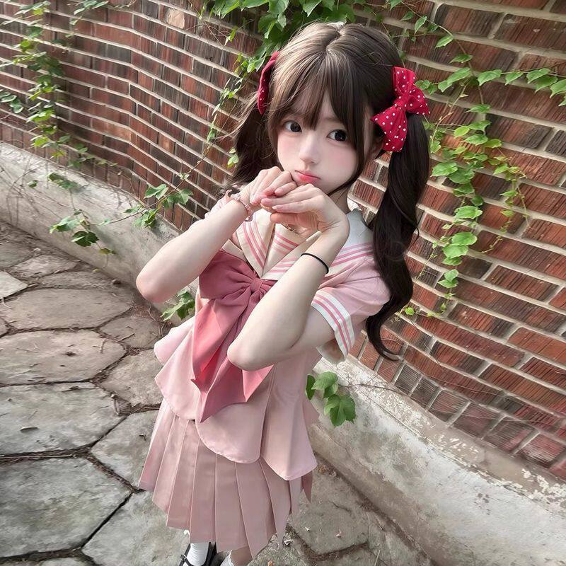 饭饭少女收腰水手服短袖夏季学院风JK现货特大蝴蝶结甜美裙粉色