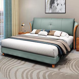 简约现代乌金木实木真皮床主卧新中式 轻奢皮艺软包床 双人婚床意式