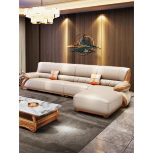 新中式 乌金木真皮转角沙发现代简约大小户型实木直排家具客厅组合