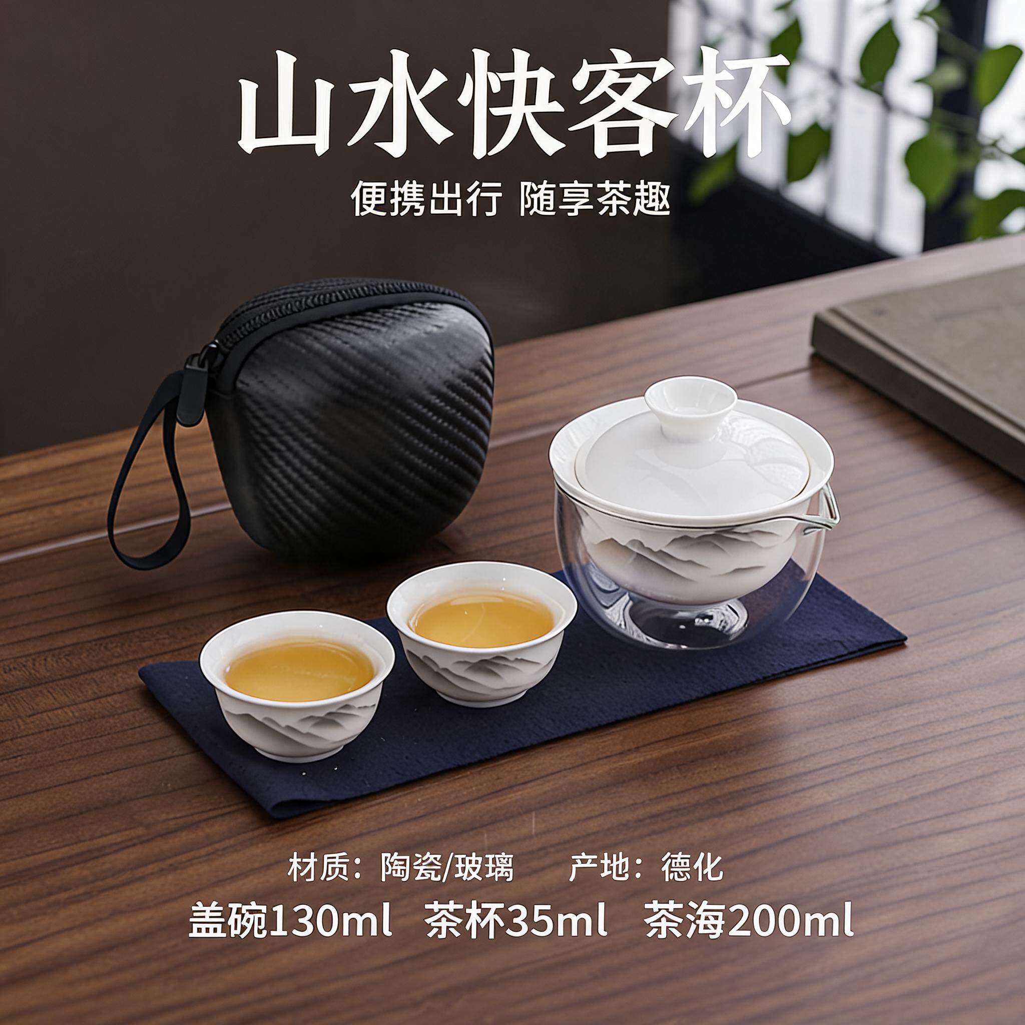 便携羊脂玉瓷一壶两杯旅行茶具图片