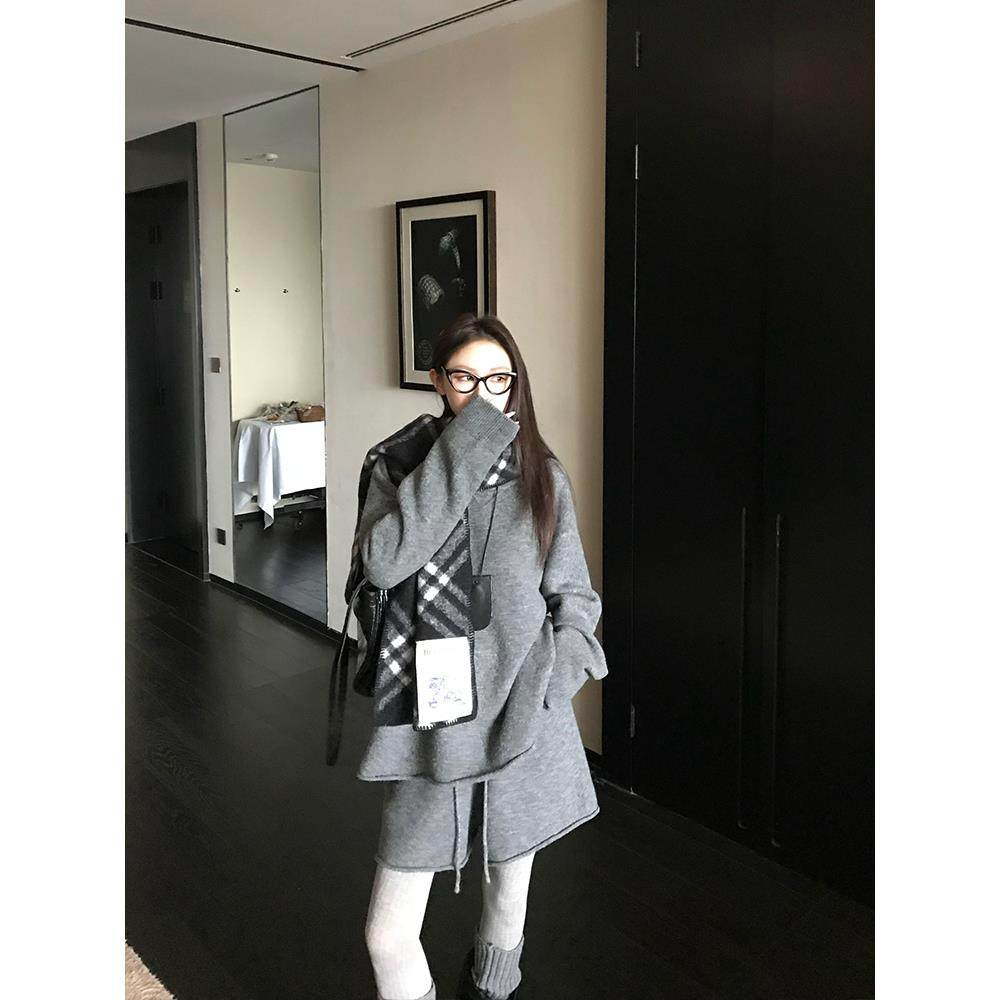 韩系慵懒风复古针织套装女秋冬季圆领长袖毛衣高腰抽绳短裤两件套