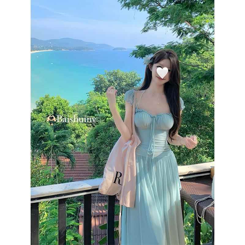 白水女【层叠浪漫~】网纱海边度假连衣裙女夏季海岛方领气质裙子