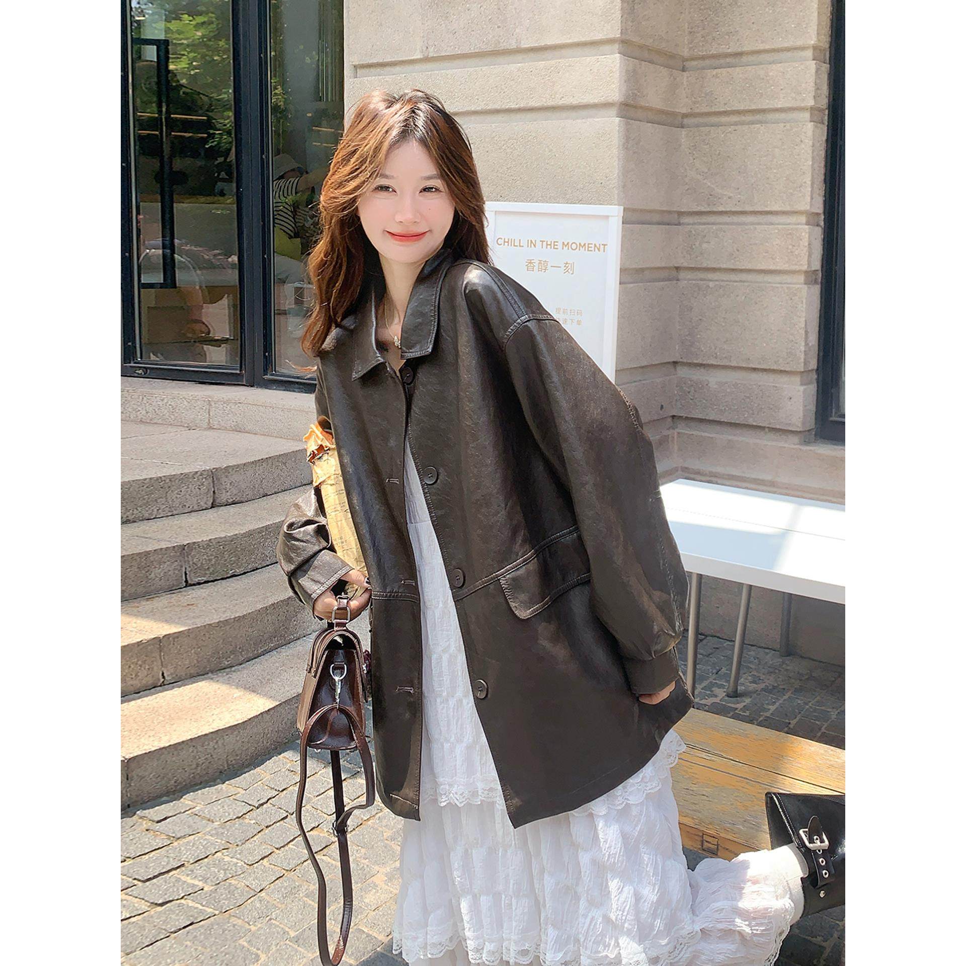 咖色又a又飒复古皮衣夹克女秋2025新款小个子休闲美式甜酷风外套