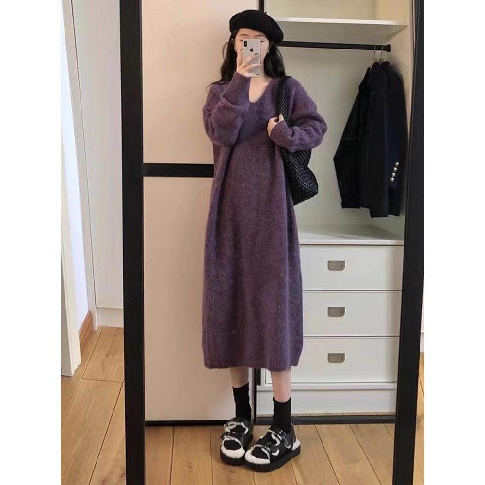 紫色法式针织连衣裙女秋冬装20连衣裙