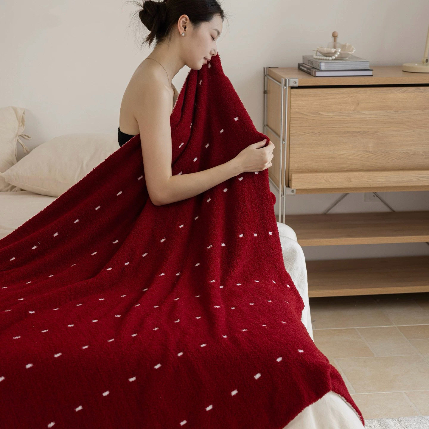 定制虚线半边绒毛毯A类母婴级圣诞毯子红秋冬加厚球球双面沙发毯