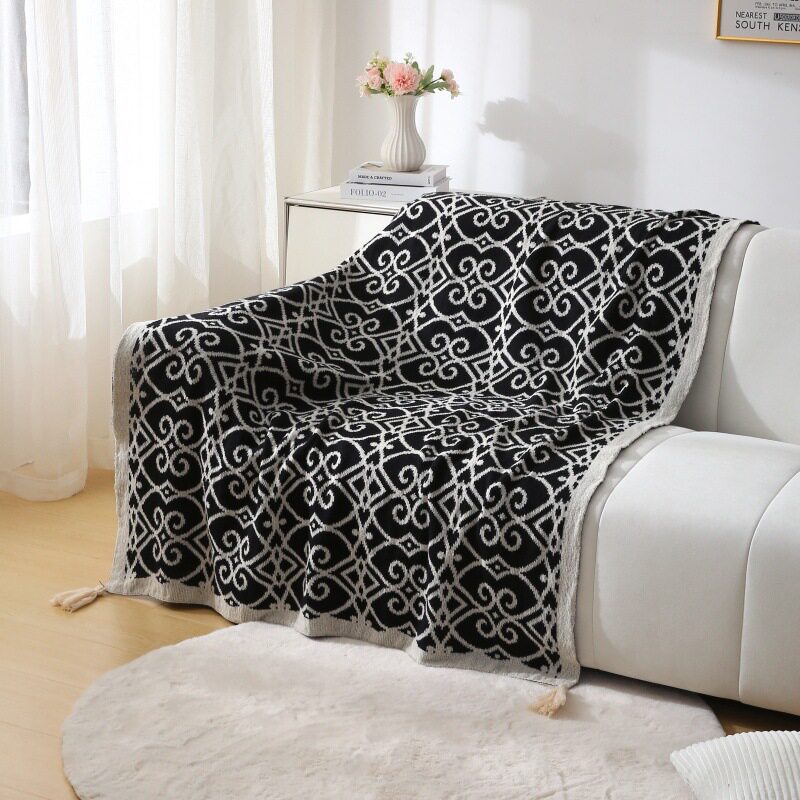 北欧高级针织毛线毯复古客厅沙发毯办公室午休毯子午睡毯黑色盖毯
