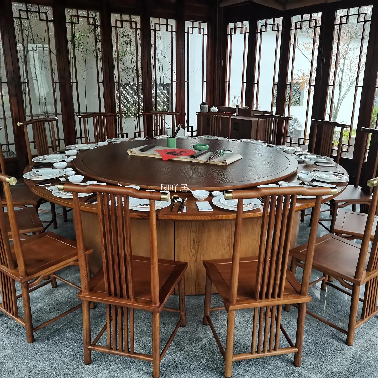 新中式餐桌大圆桌胡桃色饭店火锅桌15人会所电动餐桌酒店大圆桌