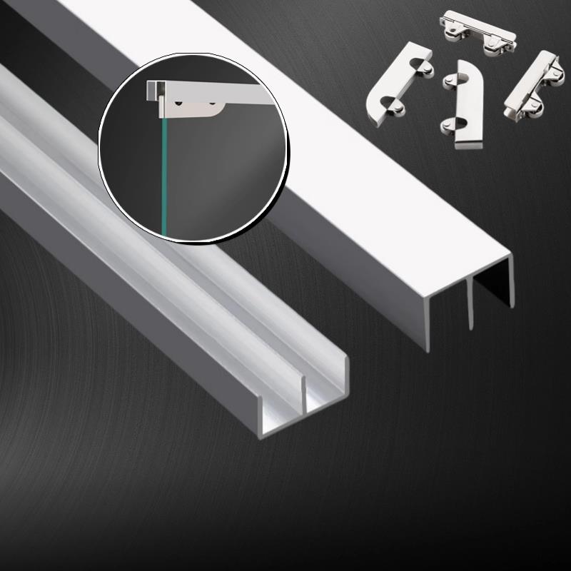 山型玻璃轨道滑轮双轨槽免打孔压克力展柜推拉移门导轨锁上下滑轨