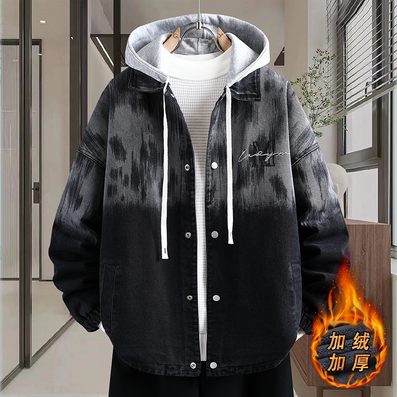 字母刺绣牛仔外套男秋冬季复古做旧加绒加厚夹克青少年男装棉服潮