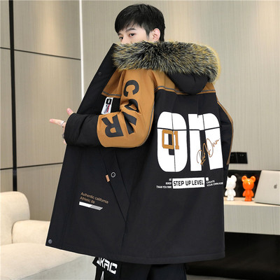 青少年中长款棉衣外套酷帅男孩加绒加厚派克服冬季初中生大童棉袄