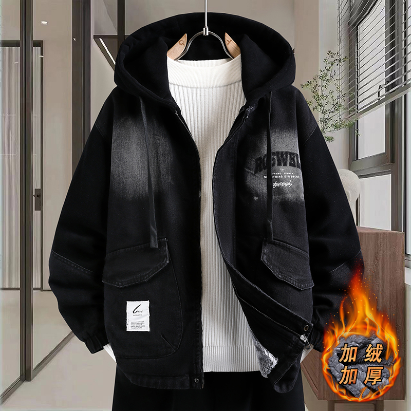 青少年男孩加绒牛仔外套冬季宽松休闲加厚保暖棉衣初高中学生夹克